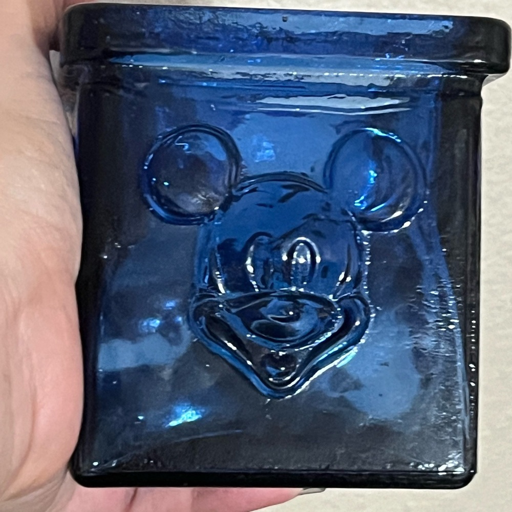 Vintage Disney Mickey Mouse Blue Art Glass Candle Votive Holder